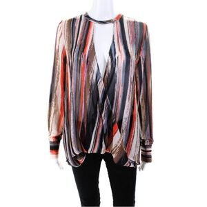 Decker Womens Striped Chiffon V-Neck Long Sleeve‎ Blouse Top Brown Size L